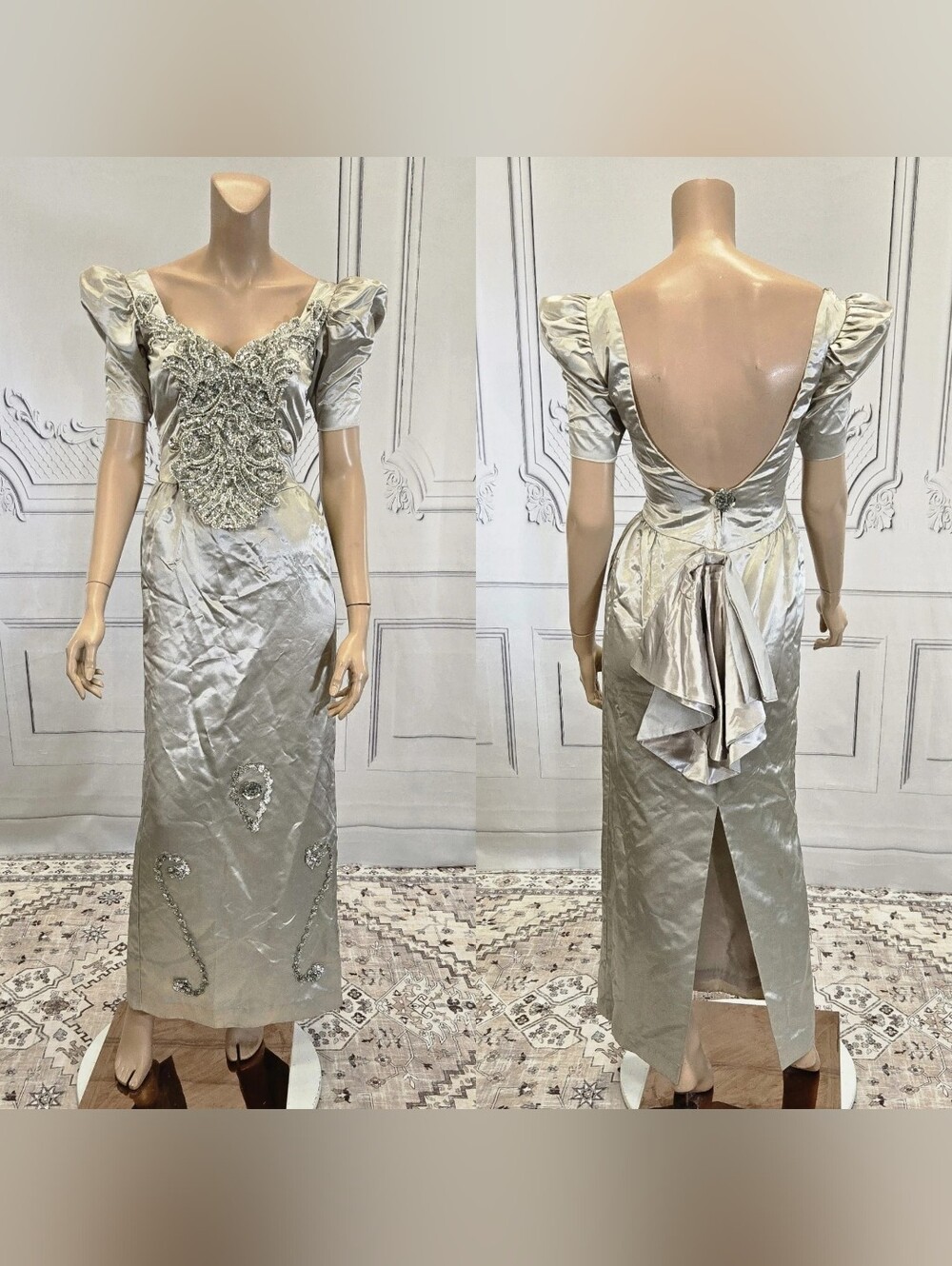 Unbranded Vintage 80s Silver Satin Sequin Pageant Party Prom Dress sz 5/6